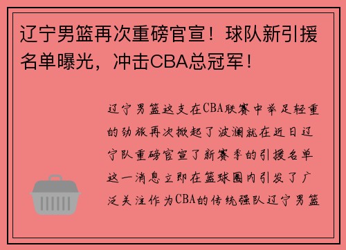 辽宁男篮再次重磅官宣！球队新引援名单曝光，冲击CBA总冠军！